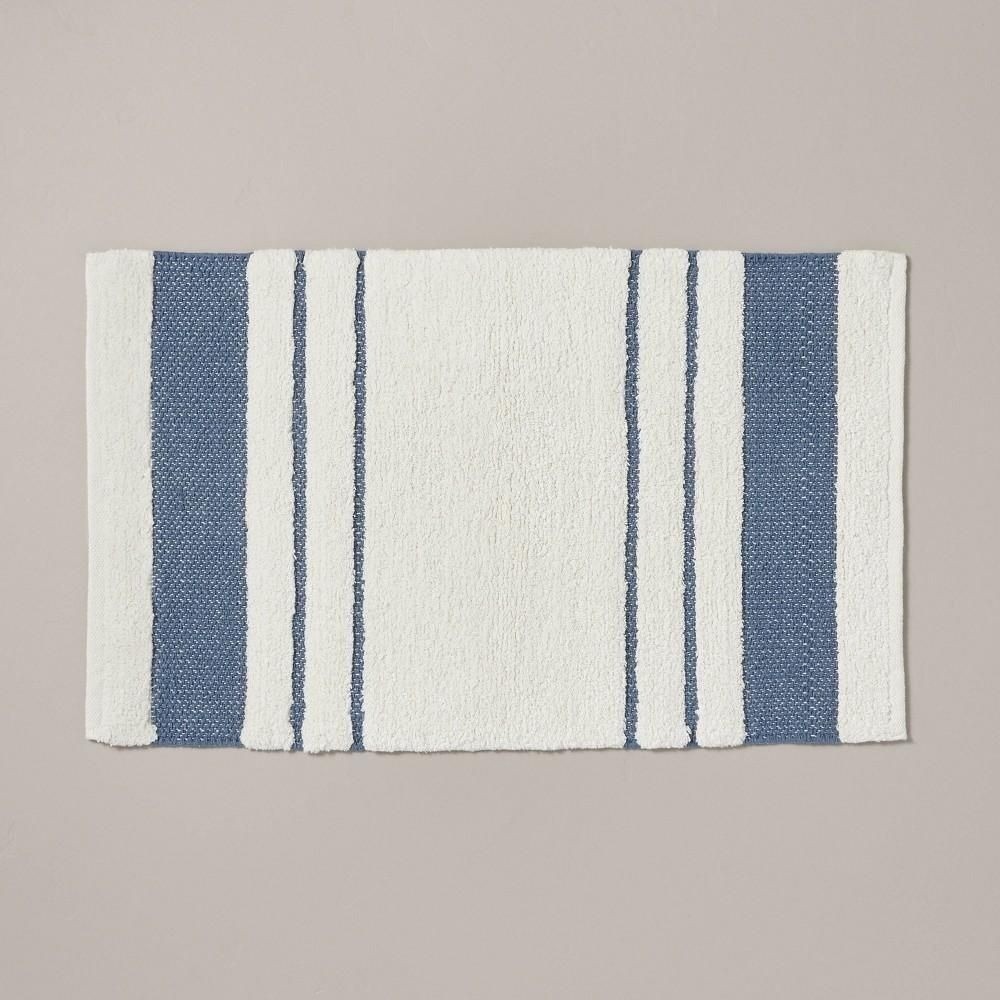 20"x32" Border Stripe Bath Rug Cream/Blue - Hearth & Hand™ with Magnolia